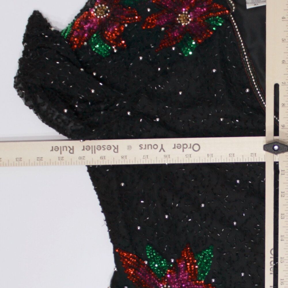 VTG Laurence Kazar 100% Silk Black Bead Sequin Poinsettia Top Christmas Women XL - Picture 7 of 8